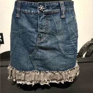 Bejeweled Western Y2K Denim Distressed Ruffle Hem Skirt